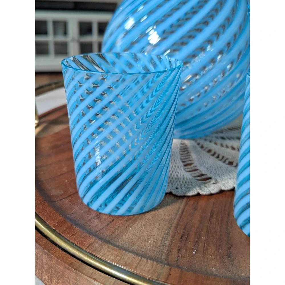 Vintage Pitcher Set Blue Hobbs Brockunier No 325 Opalescent Swirl